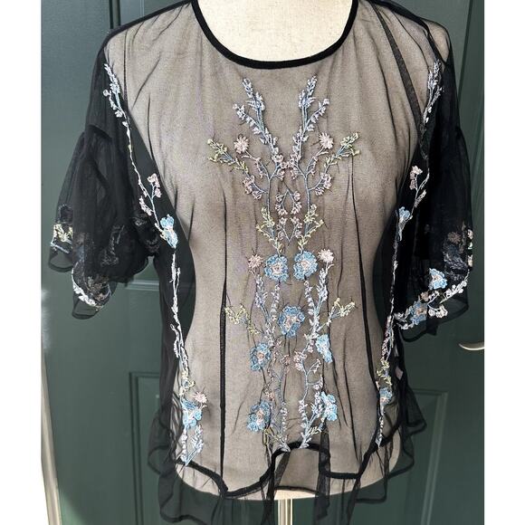 Sheer Black Mesh Ruffle Top Sz M w/ Floral Embroidery Whimsigoth Dark Floral - Picture 2 of 9